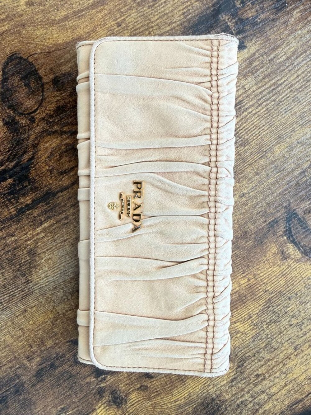 Prada Nappa Gaufre continental wallet in soft gathered lambskin, color Cuoio (pa